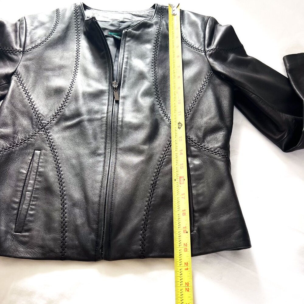 Siena Studio Black Leather Jacket Moto Biker Crop Collarless Seam Details SP - Picture 9 of 12